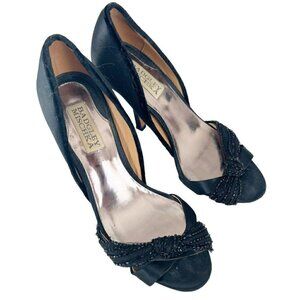 Badgley Mischka Woman's Sz 6 Ryanne Black Beaded Satin Evening Shoes Heels